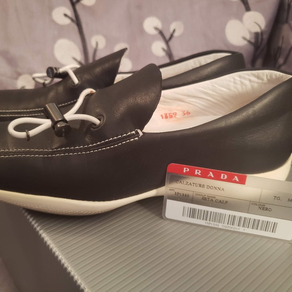 Prada Black Leather with White Stitching Boat Shoe